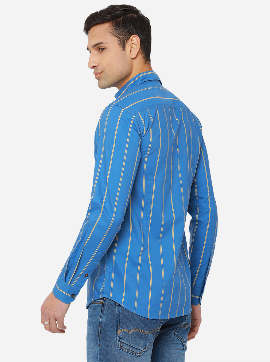 Turquoise Blue Striped Slim Fit Semi Casual Shirt | Pehervi