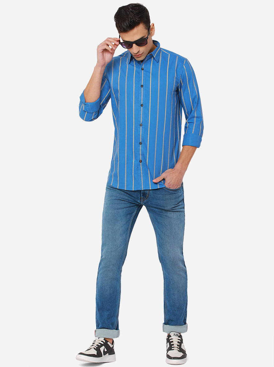 Turquoise Blue Striped Slim Fit Semi Casual Shirt | Pehervi