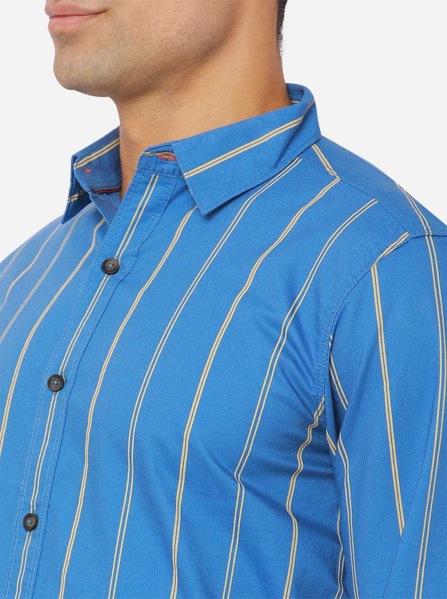 Turquoise Blue Striped Slim Fit Semi Casual Shirt | Pehervi