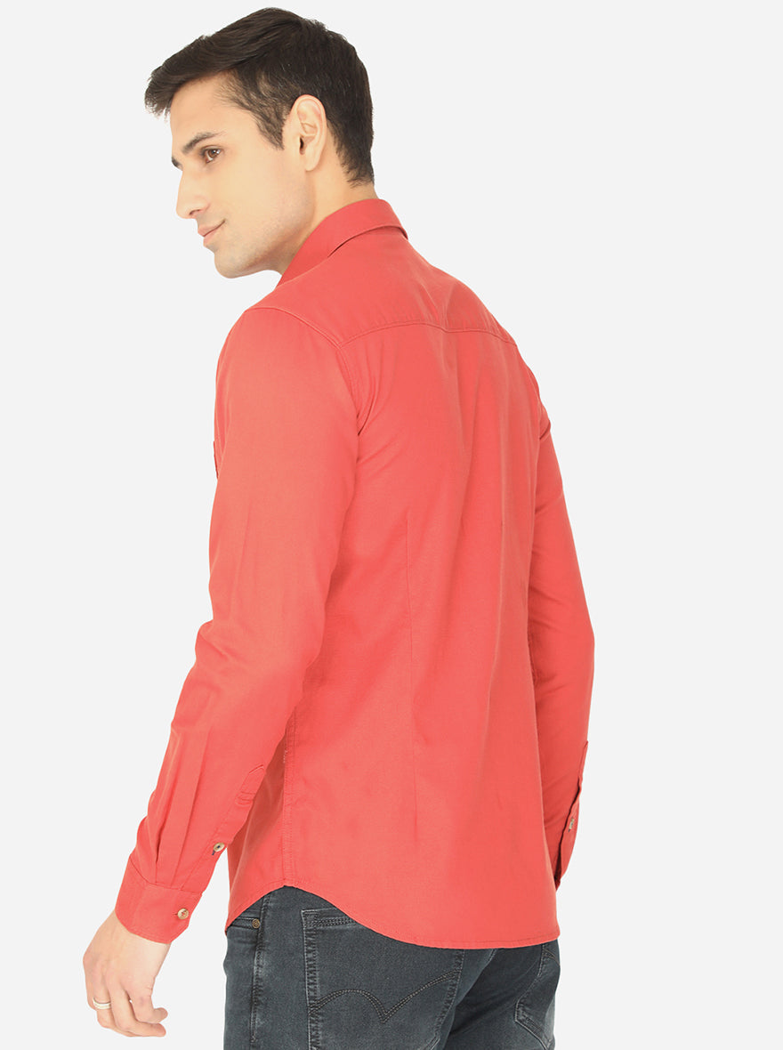 Spice Red Solid Slim Fit Semi Casual Shirt | Pehervi