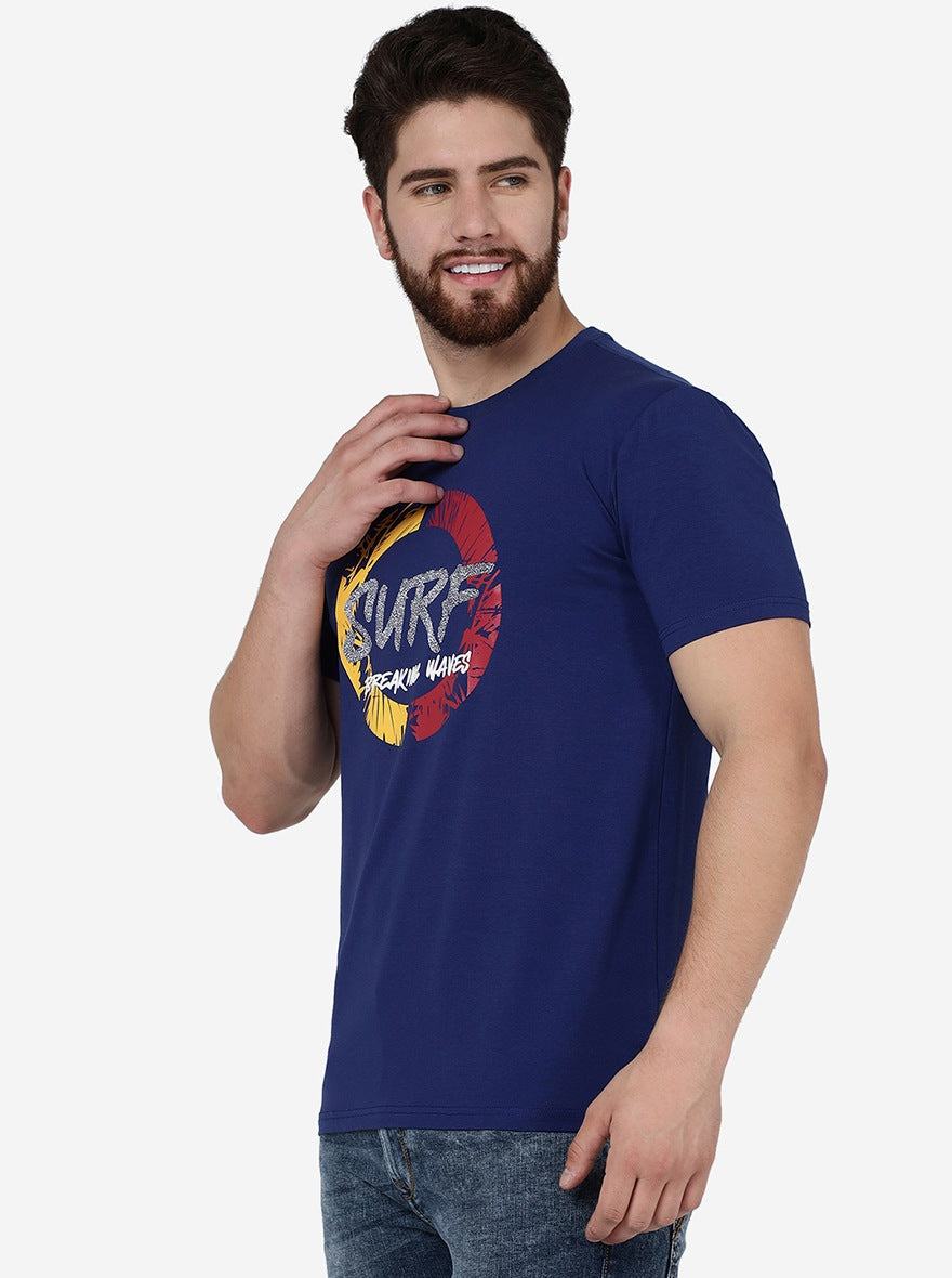 Blue Printed Slim Fit T-Shirt | pehervi