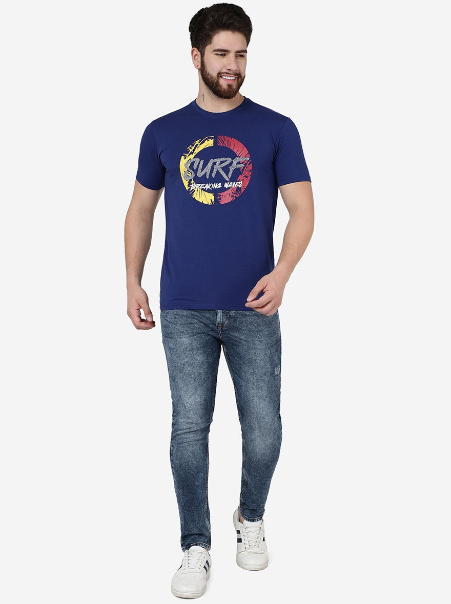 Blue Printed Slim Fit T-Shirt | pehervi