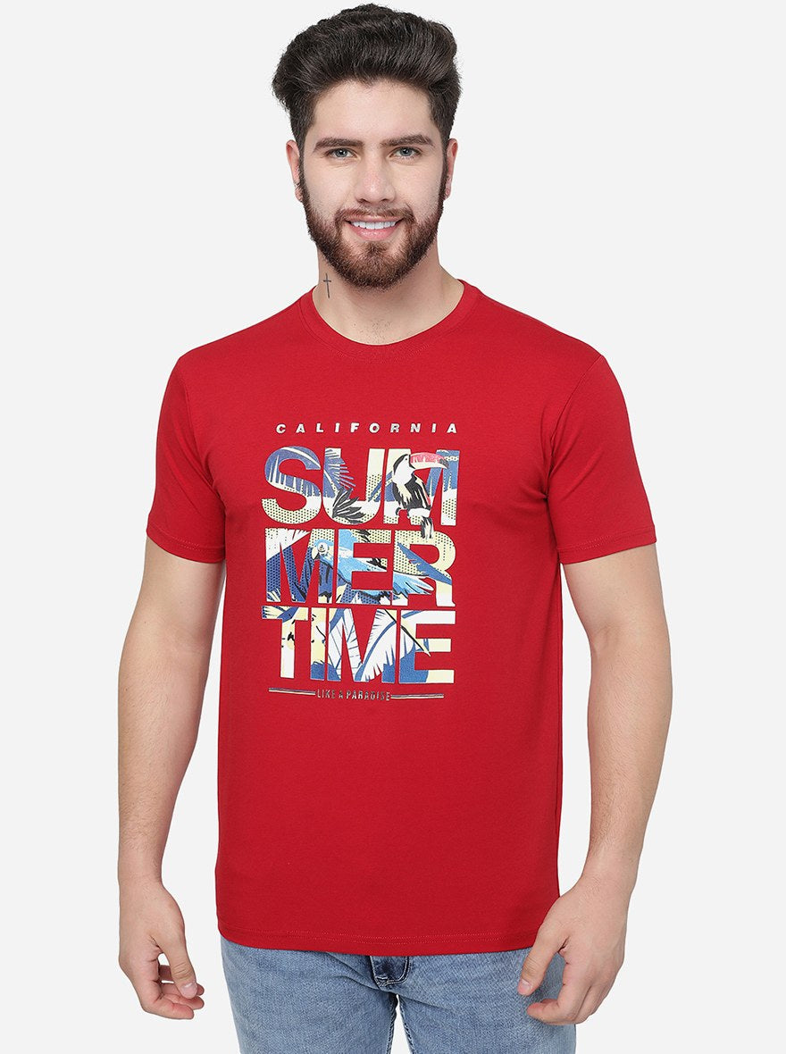 Red Printed Slim Fit T-Shirt | pehervi
