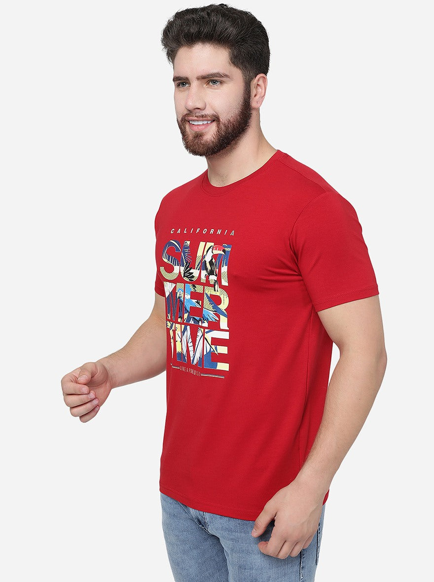 Red Printed Slim Fit T-Shirt | pehervi