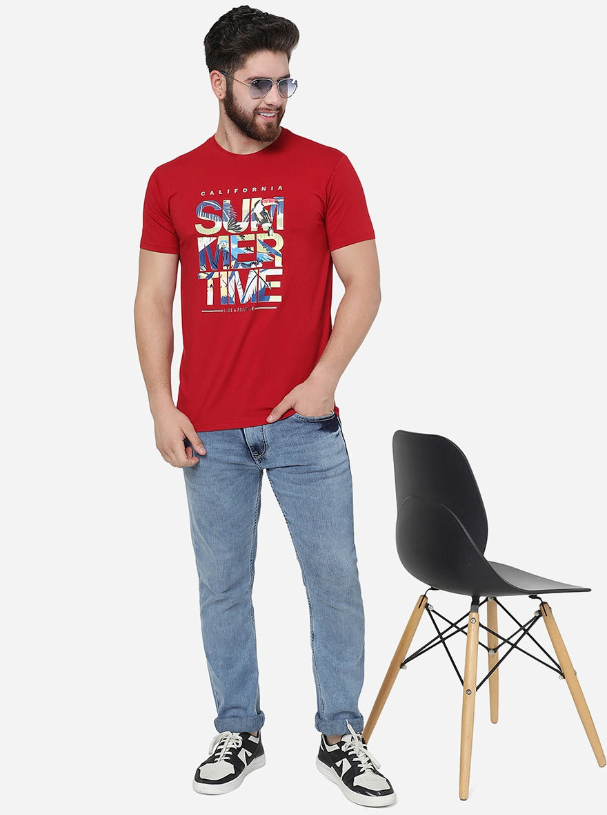 Red Printed Slim Fit T-Shirt | pehervi