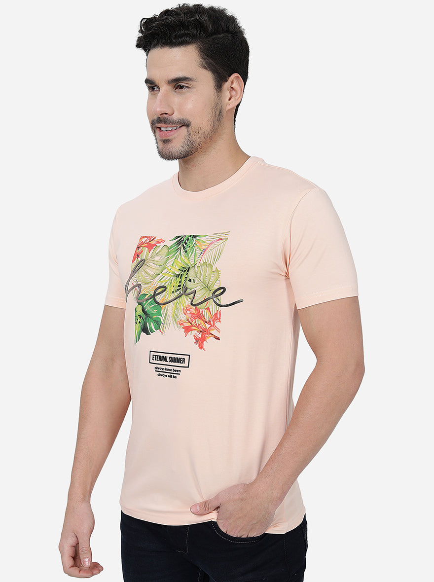 Peach Printed Slim Fit T-Shirt | pehervi