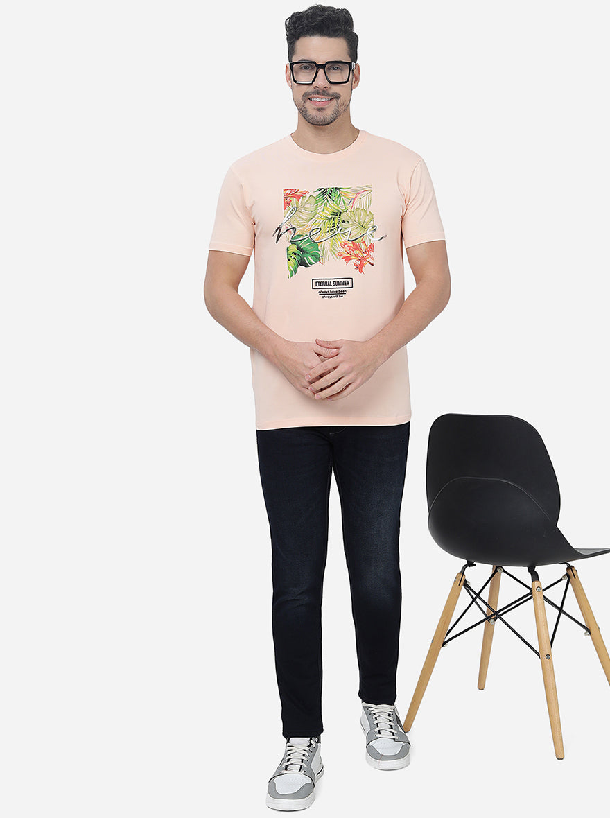 Peach Printed Slim Fit T-Shirt | pehervi