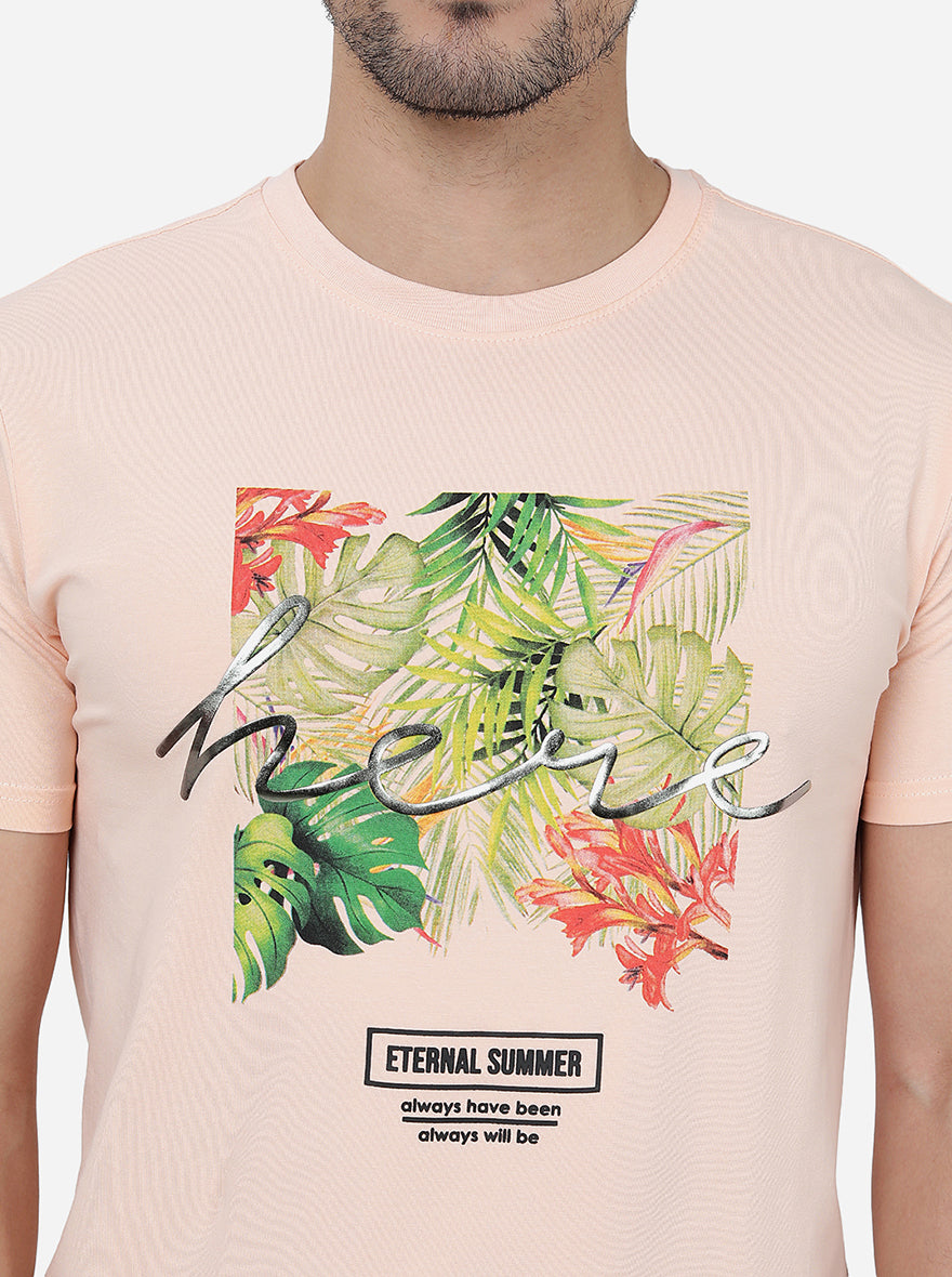 Peach Printed Slim Fit T-Shirt | pehervi