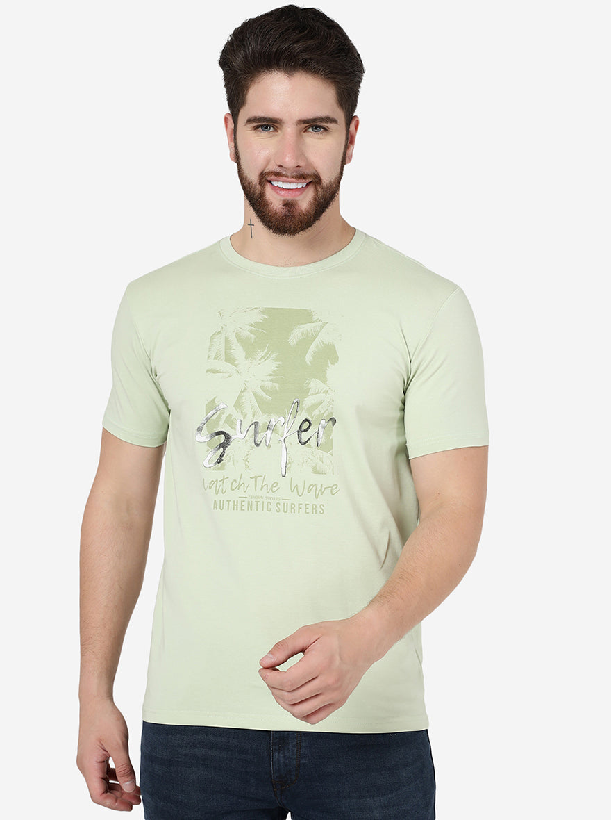 Mint Green Printed Slim Fit T-Shirt | pehervi