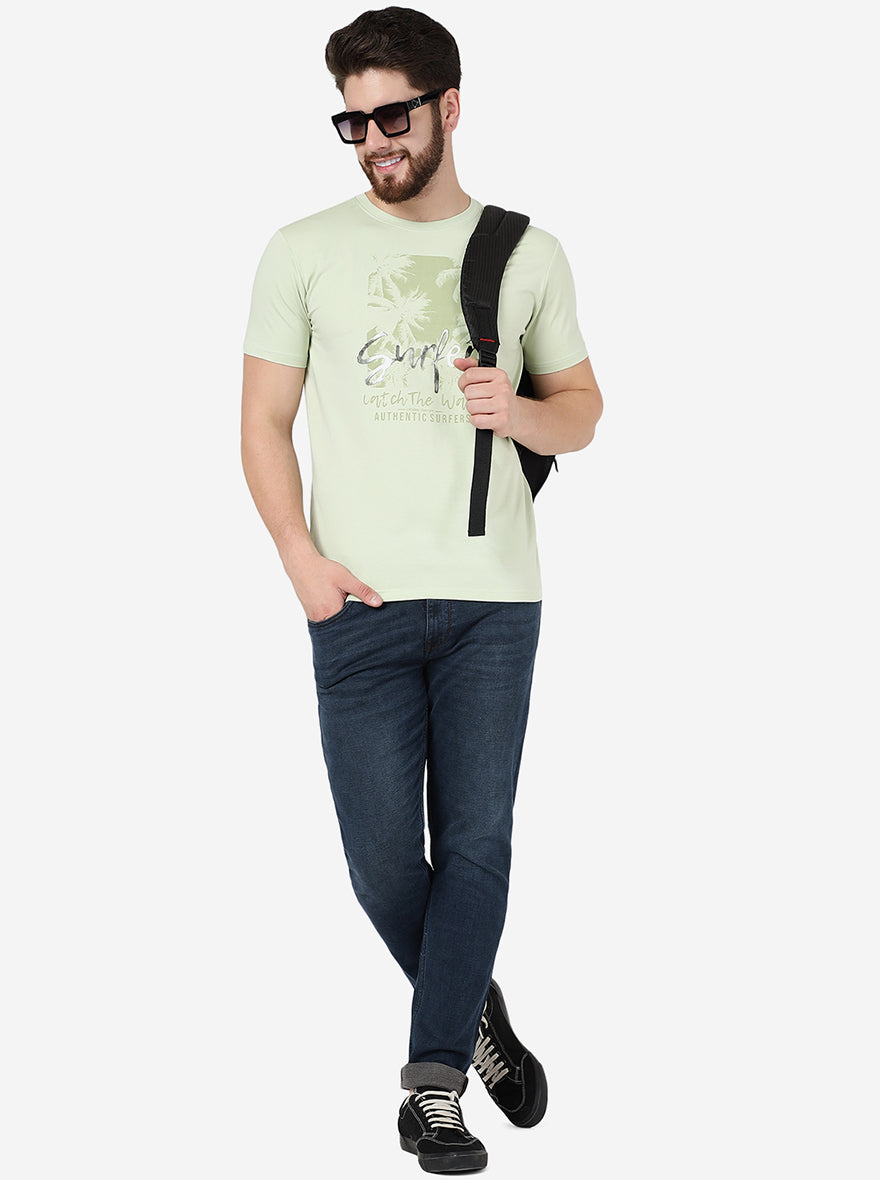 Mint Green Printed Slim Fit T-Shirt | pehervi