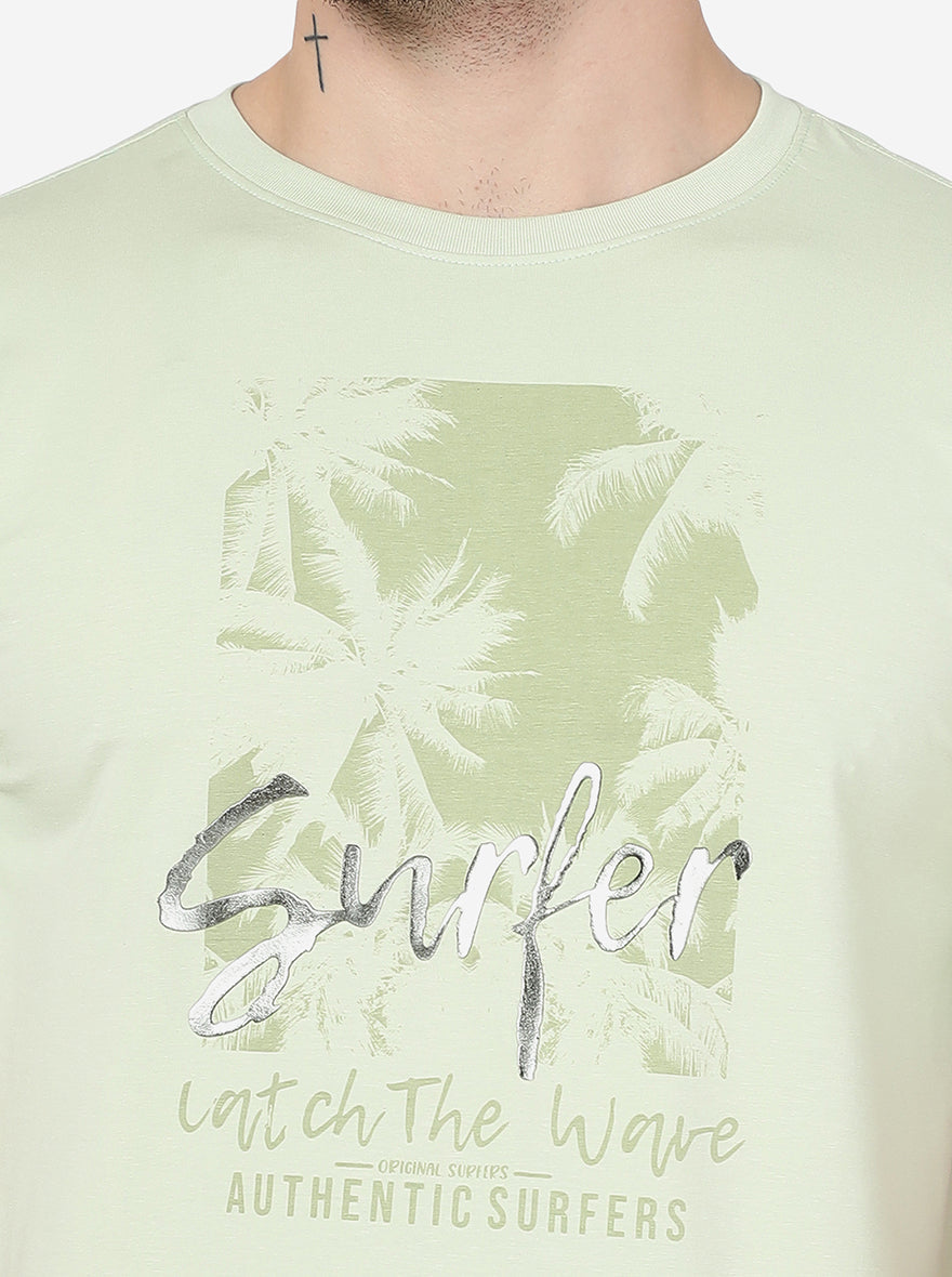 Mint Green Printed Slim Fit T-Shirt | pehervi
