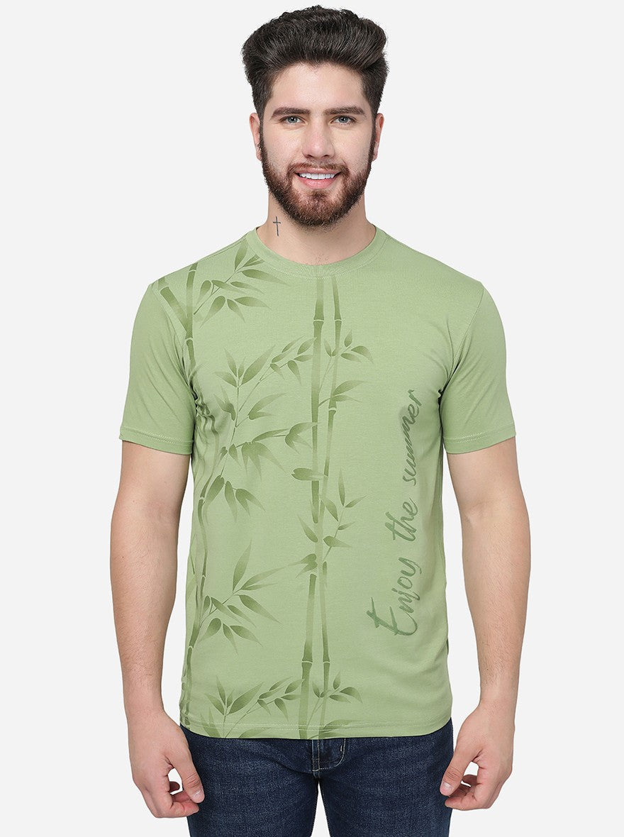 Leaf Green Printed Slim Fit T-Shirt | pehervi