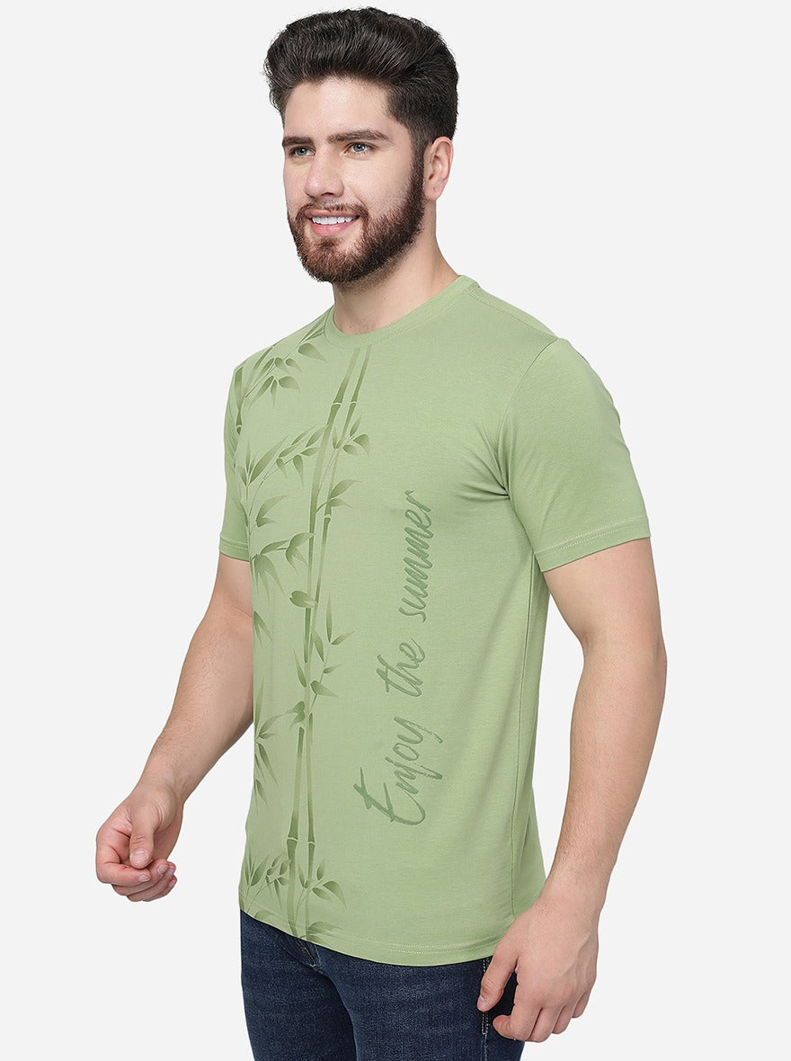 Leaf Green Printed Slim Fit T-Shirt | pehervi
