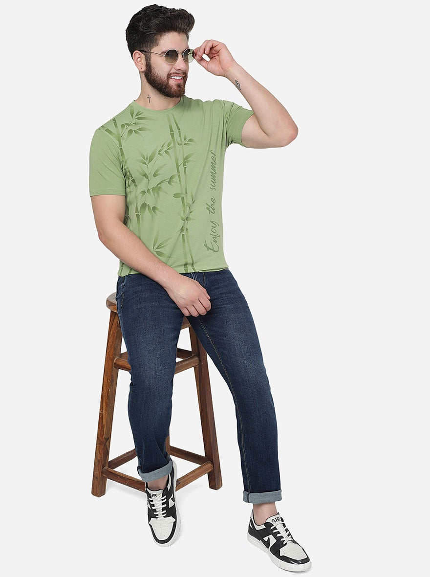 Leaf Green Printed Slim Fit T-Shirt | pehervi