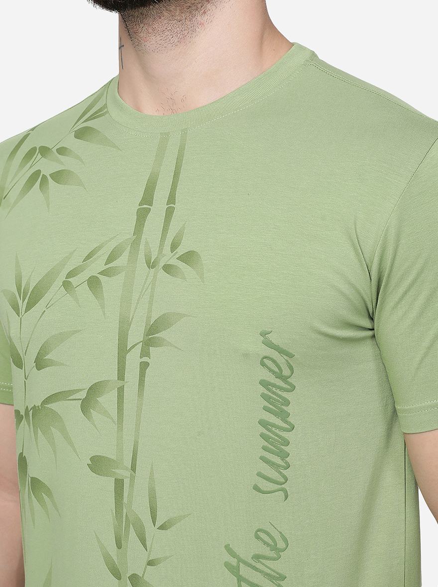 Leaf Green Printed Slim Fit T-Shirt | pehervi