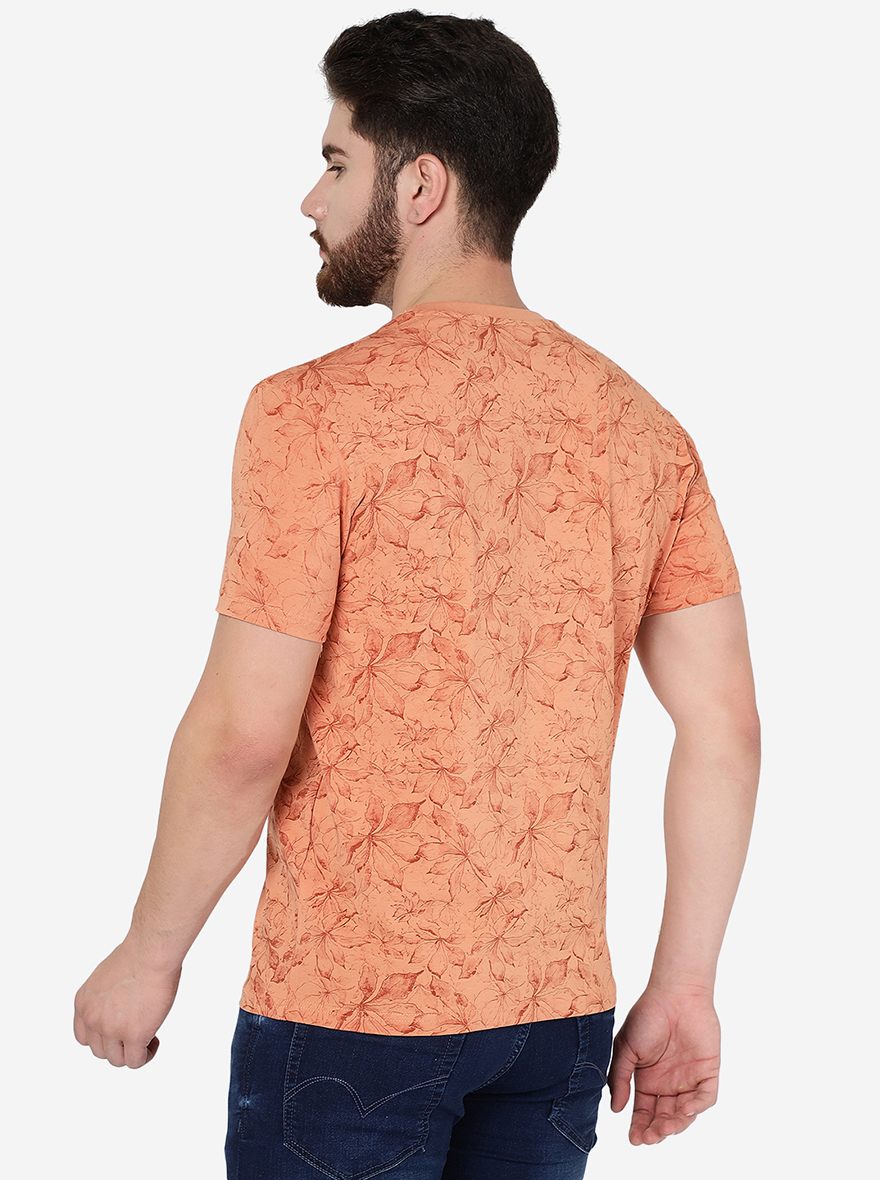 Sand Stone Brown Printed Slim Fit T-Shirt | pehervi
