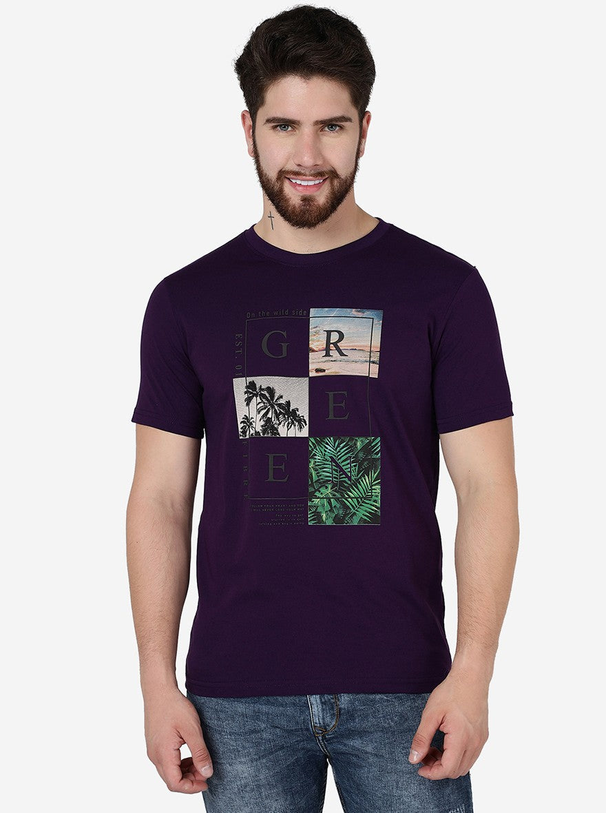 Grape Purple Printed Slim Fit T-Shirt | pehervi