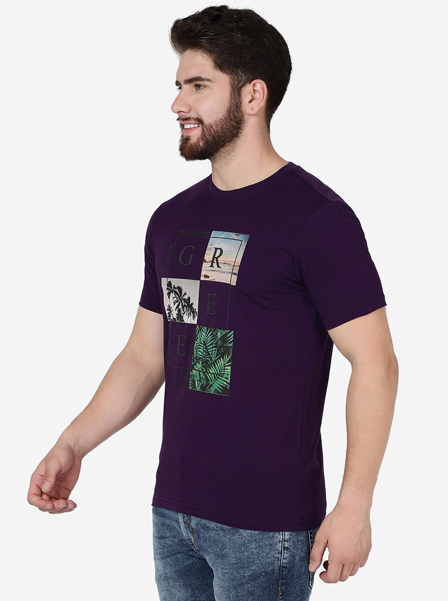 Grape Purple Printed Slim Fit T-Shirt | pehervi