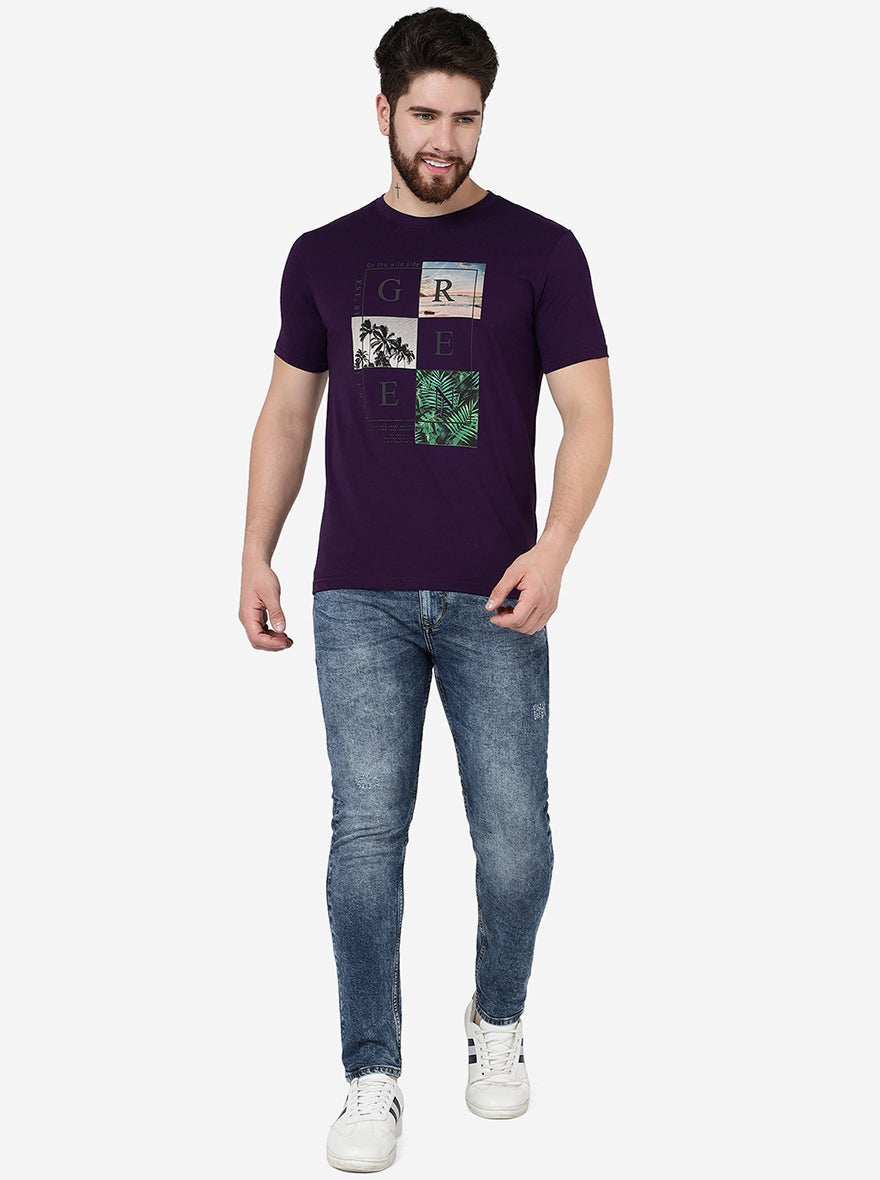 Grape Purple Printed Slim Fit T-Shirt | pehervi