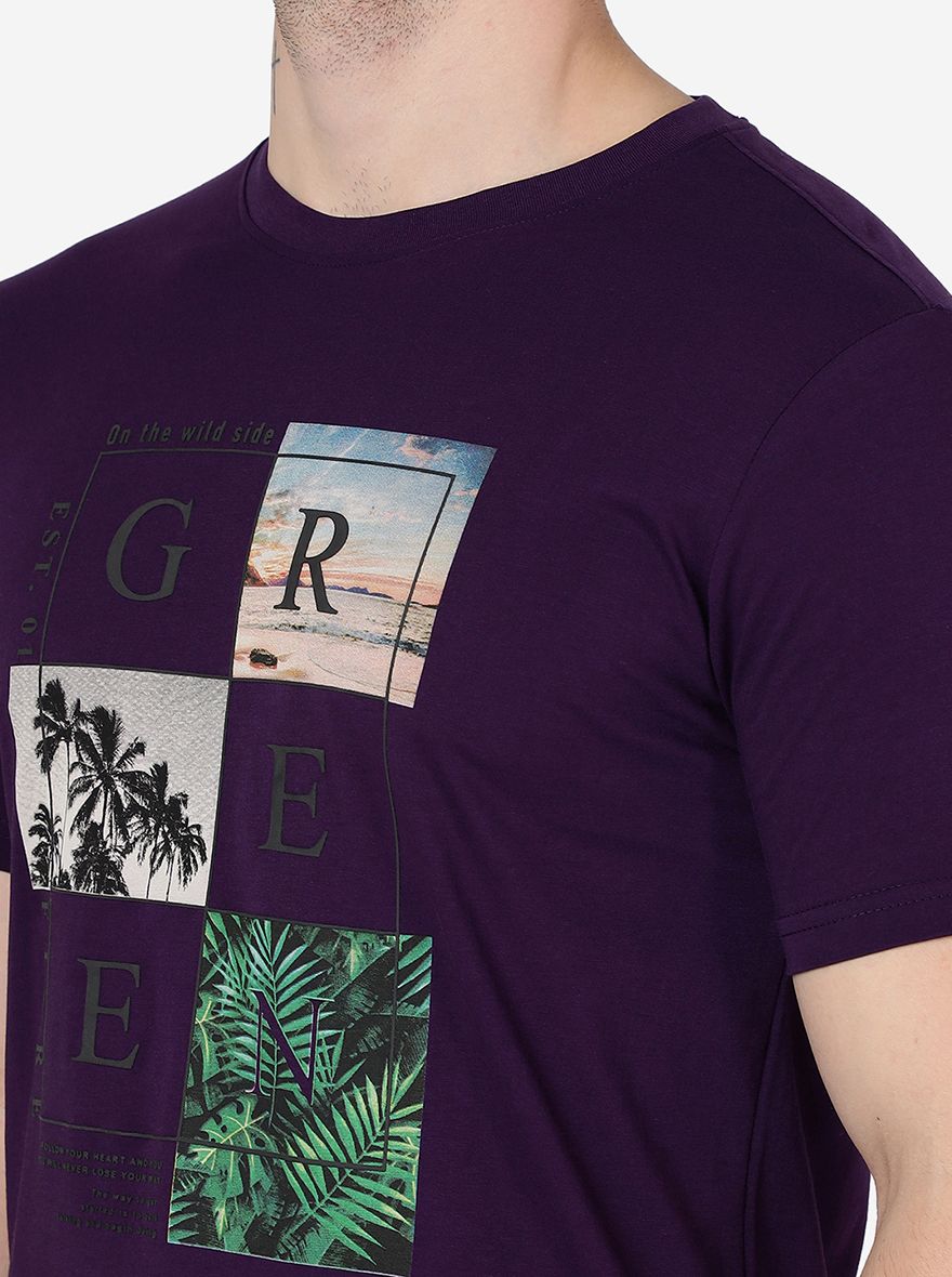 Grape Purple Printed Slim Fit T-Shirt | pehervi