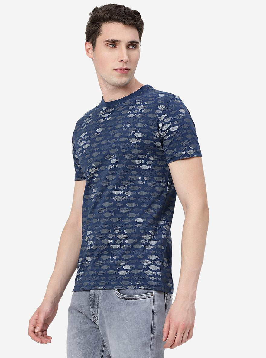 Dark Blue Printed Slim Fit T-Shirt | pehervi