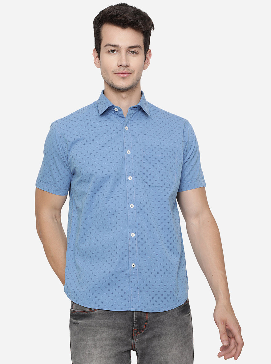 Dusty Blue Printed Slim Fit Semi Casual Shirt | Pehervi