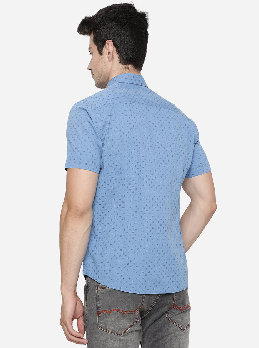 Dusty Blue Printed Slim Fit Semi Casual Shirt | Pehervi
