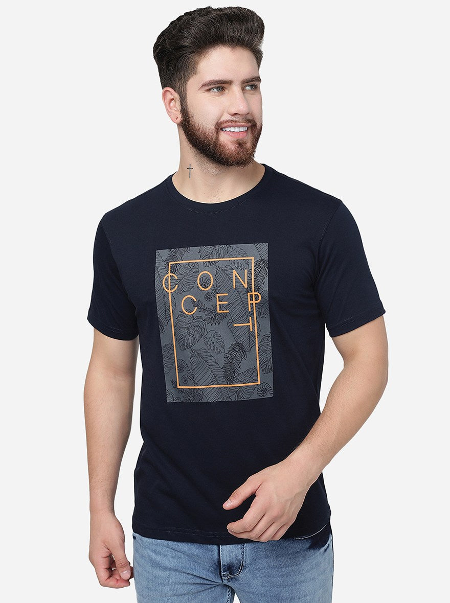 Navy Blue Printed Slim Fit T-Shirt | pehervi