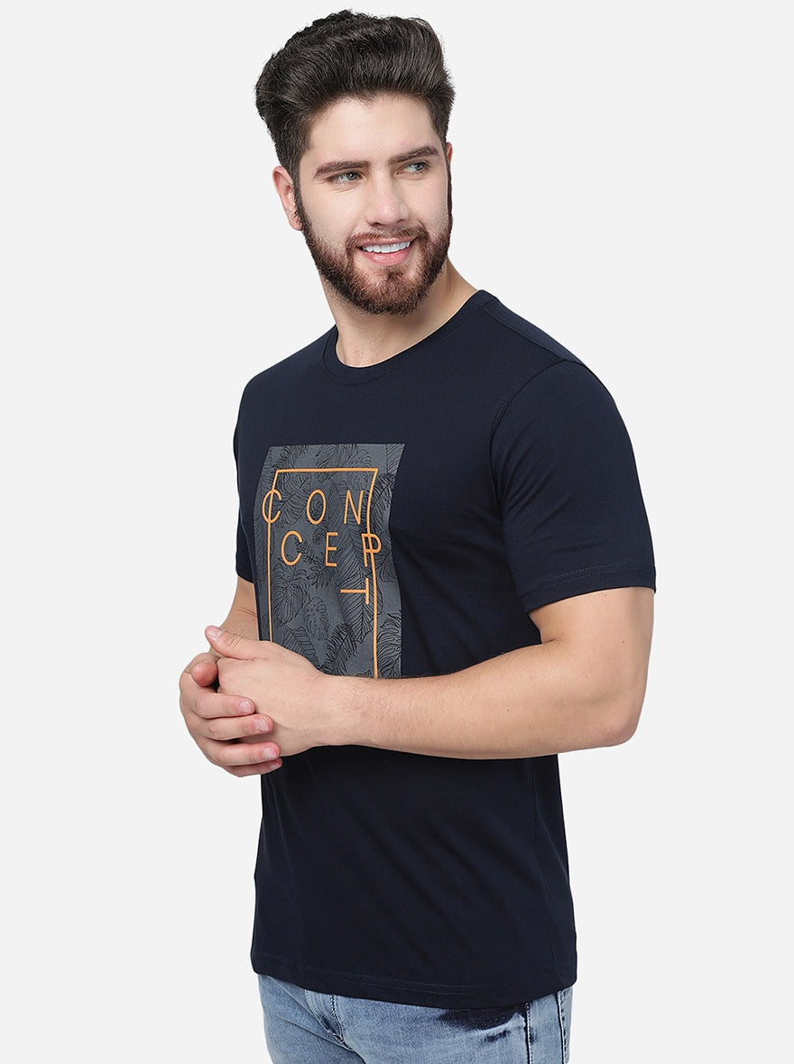 Navy Blue Printed Slim Fit T-Shirt | pehervi