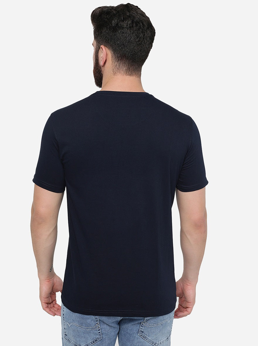 Navy Blue Printed Slim Fit T-Shirt | pehervi