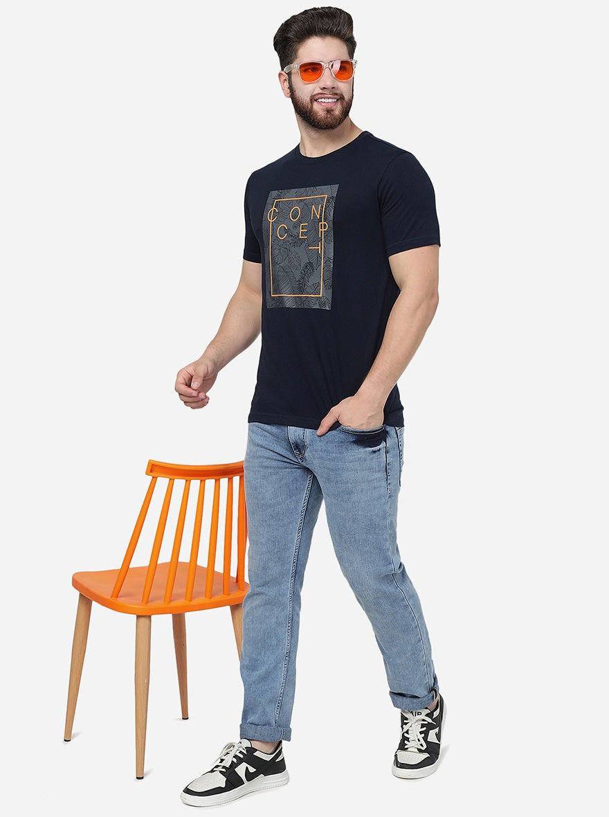 Navy Blue Printed Slim Fit T-Shirt | pehervi