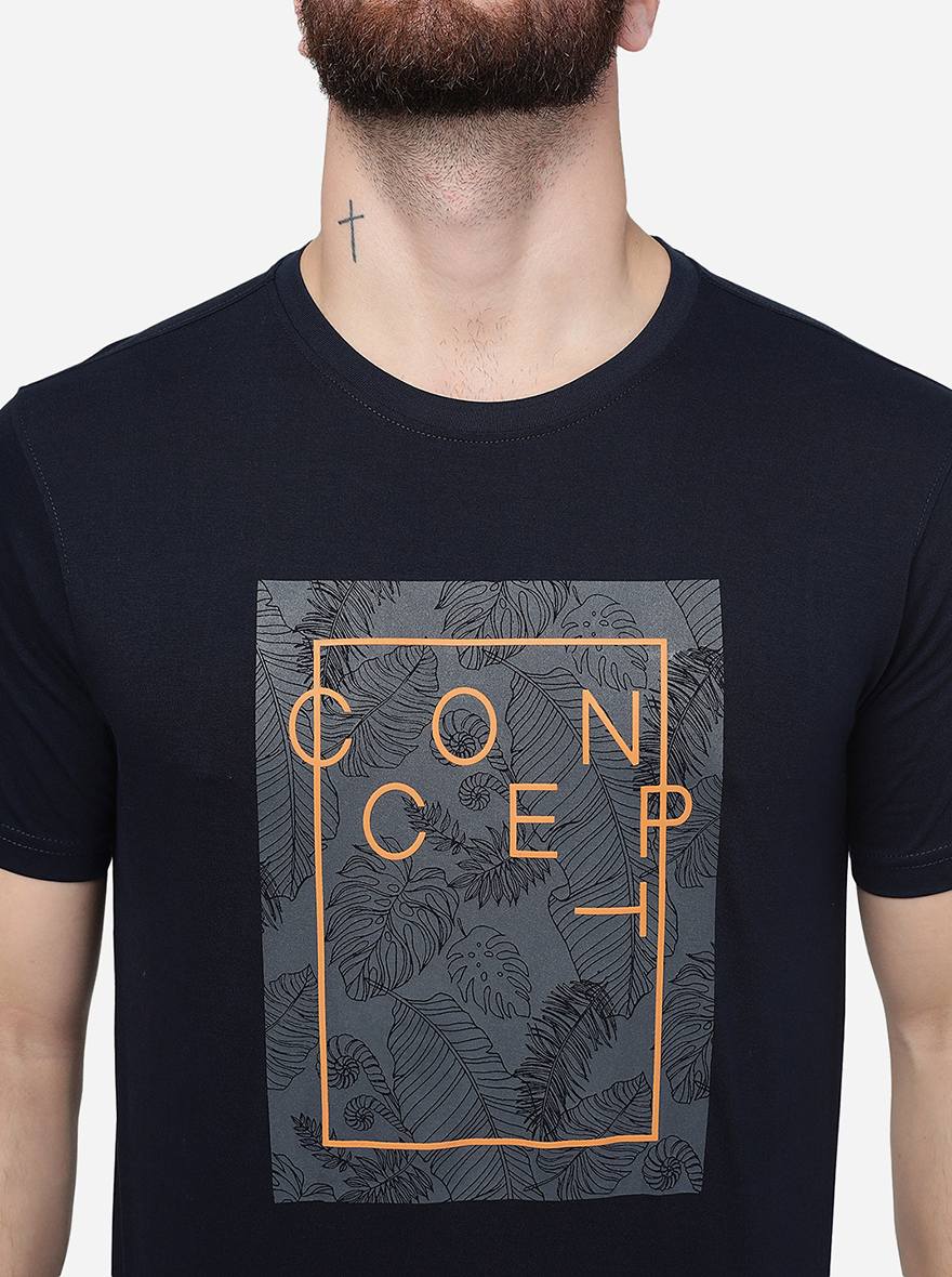 Navy Blue Printed Slim Fit T-Shirt | pehervi