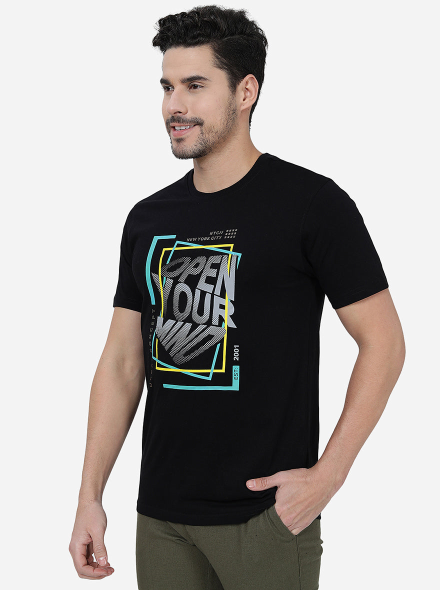 Black Printed Slim Fit T-Shirt | pehervi