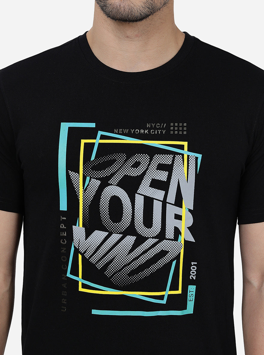 Black Printed Slim Fit T-Shirt | pehervi
