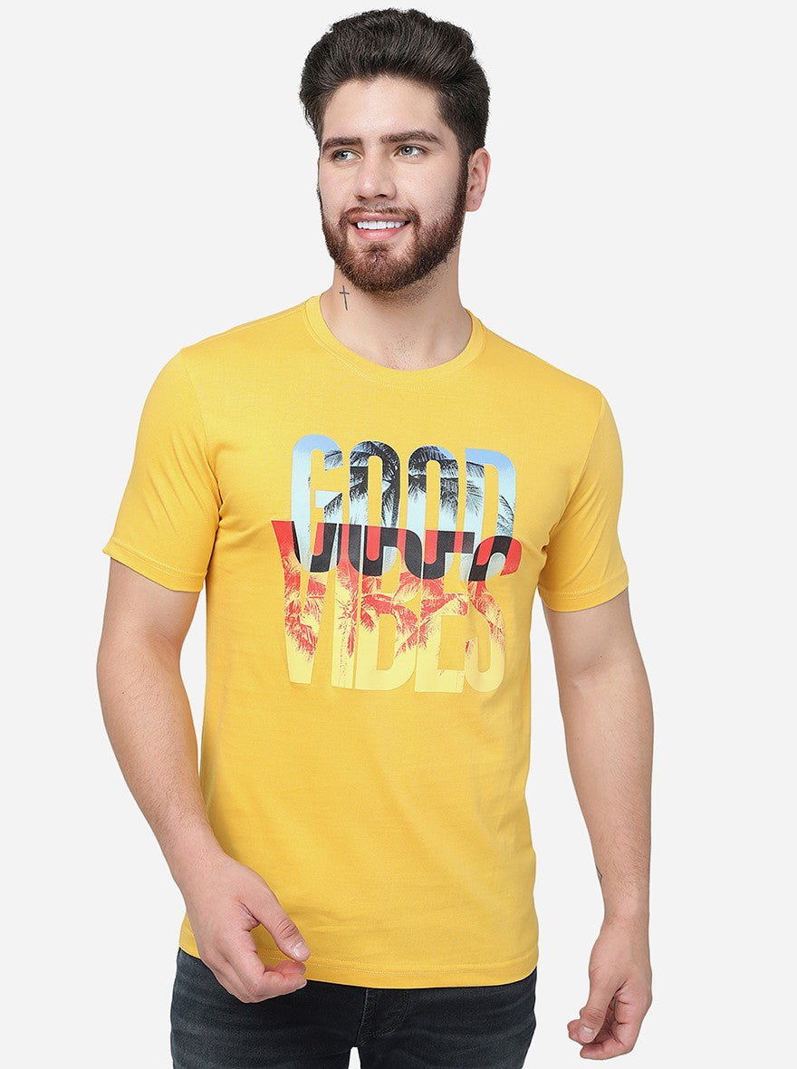 Golden Yellow Printed Slim Fit T-Shirt | pehervi