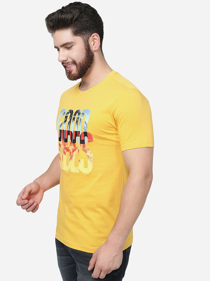 Golden Yellow Printed Slim Fit T-Shirt | pehervi