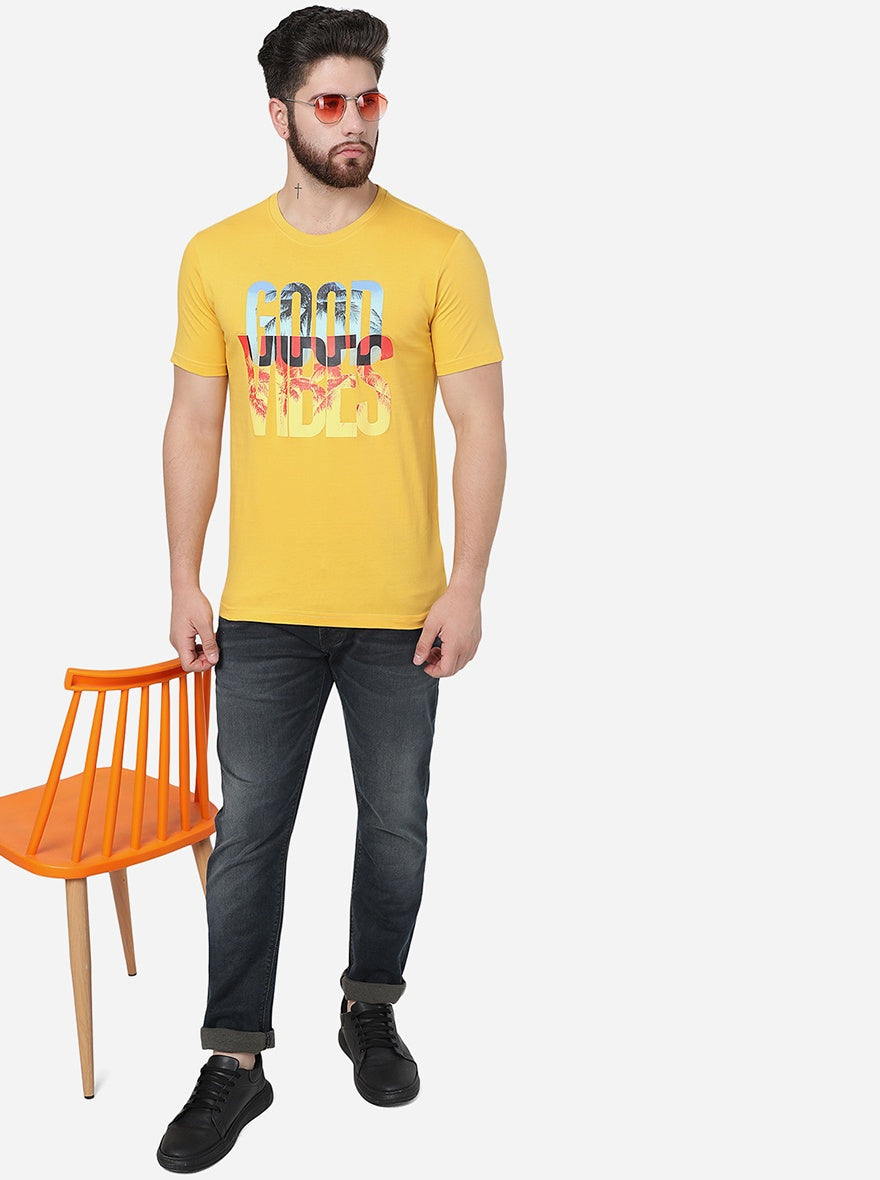 Golden Yellow Printed Slim Fit T-Shirt | pehervi