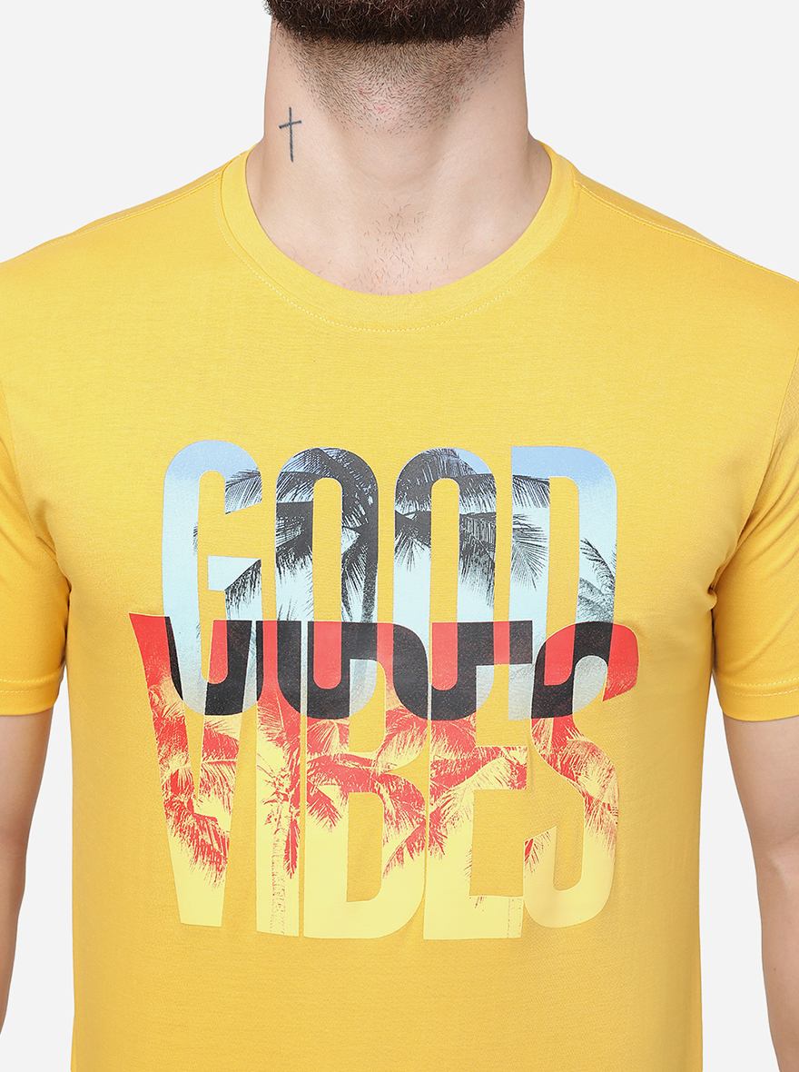 Golden Yellow Printed Slim Fit T-Shirt | pehervi
