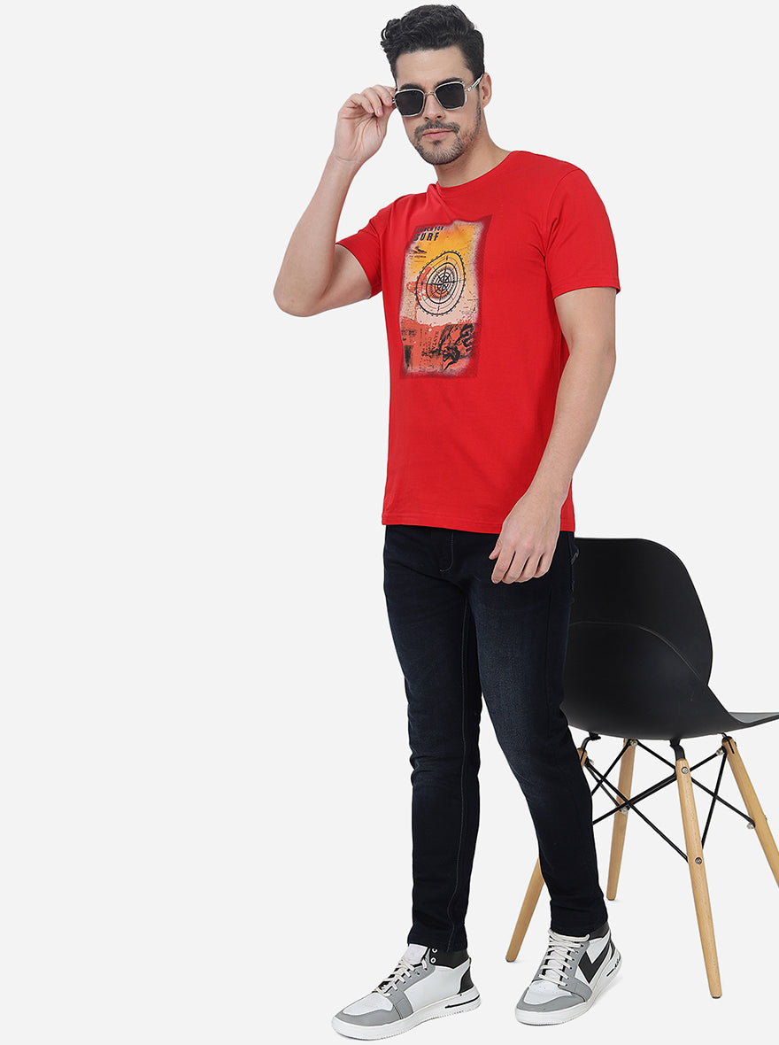 Red Printed Slim Fit T-Shirt | pehervi
