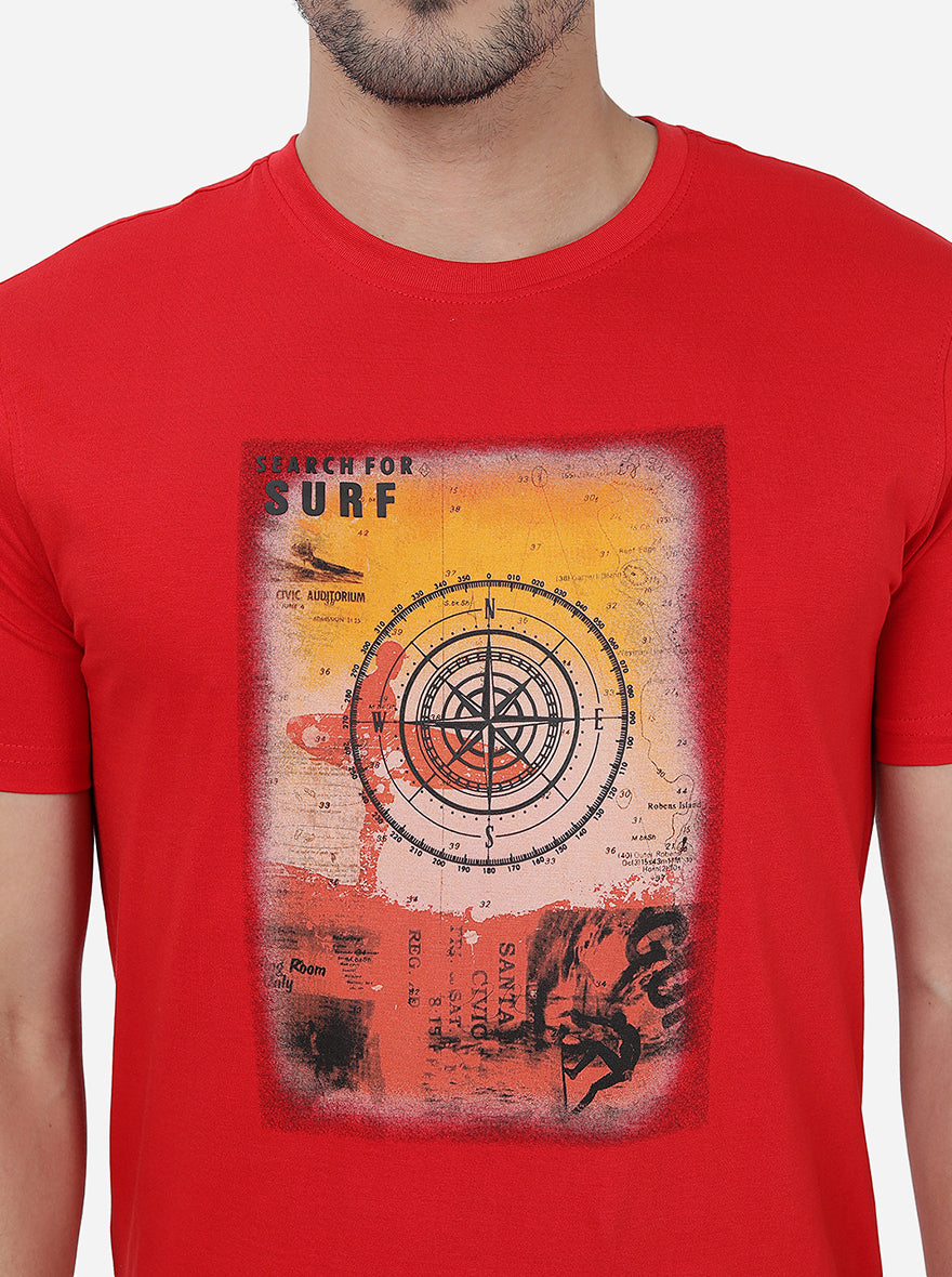Red Printed Slim Fit T-Shirt | pehervi