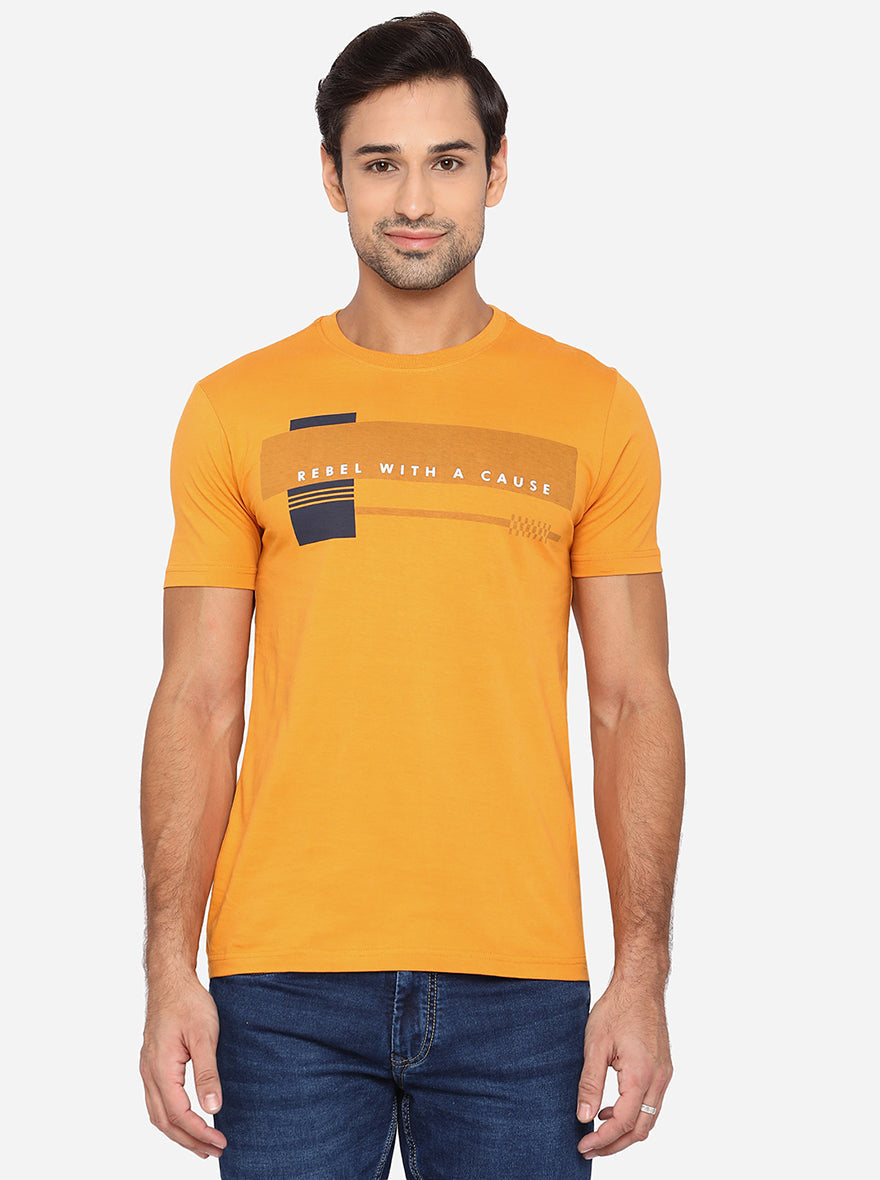 Light Orange Printed Slim Fit T-Shirt | pehervi