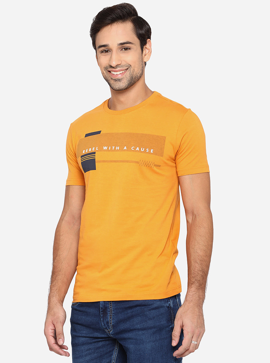 Light Orange Printed Slim Fit T-Shirt | pehervi