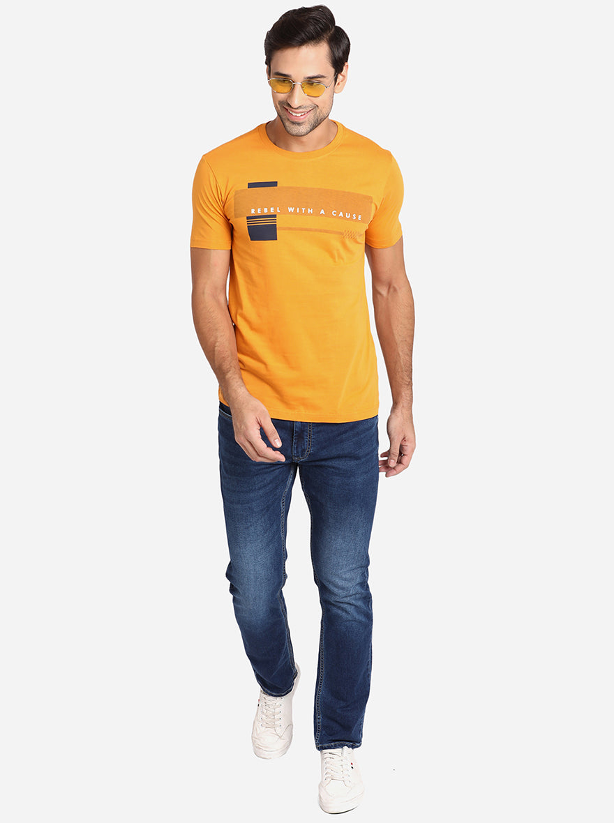 Light Orange Printed Slim Fit T-Shirt | pehervi