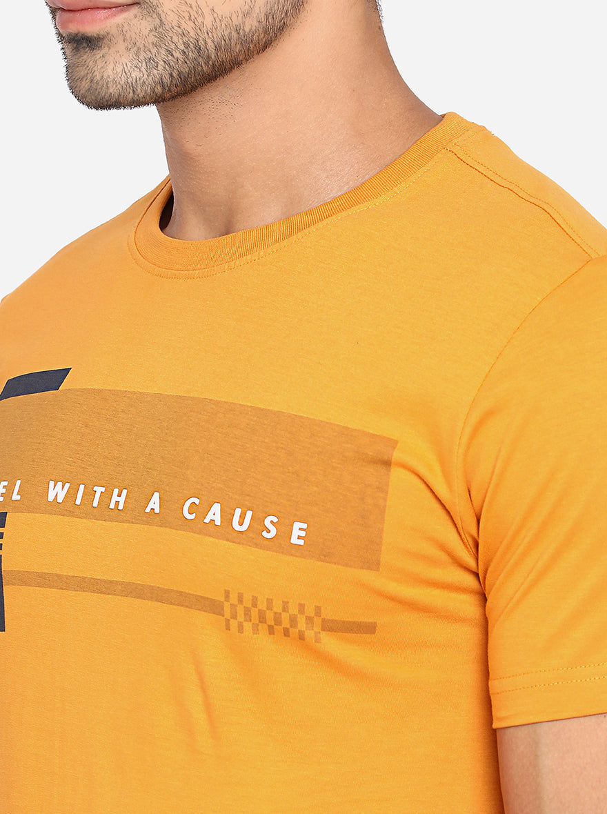 Light Orange Printed Slim Fit T-Shirt | pehervi