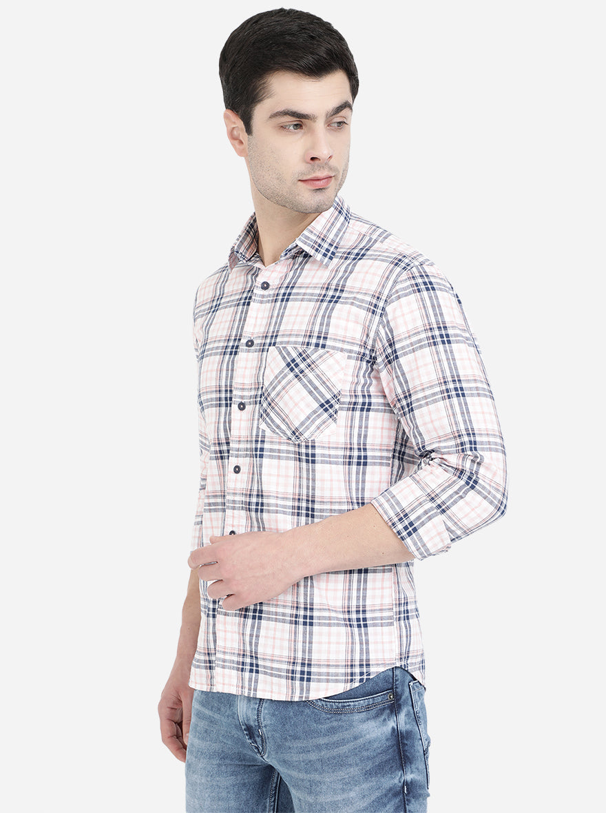 Orchid Pink & Navy Blue Checked Slim Fit Semi Casual Shirt | Pehervi
