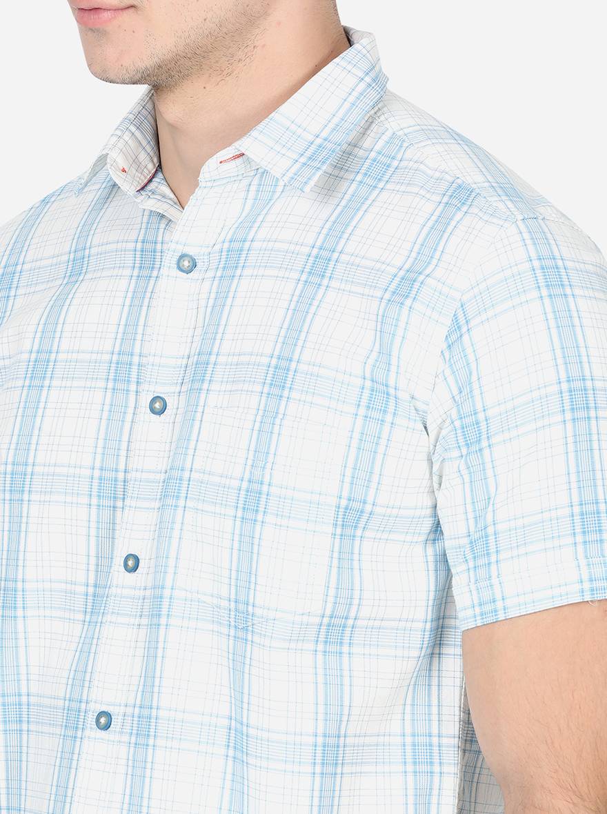 Bright White & Green Checked Slim Fit Semi Casual Shirt | Pehervi