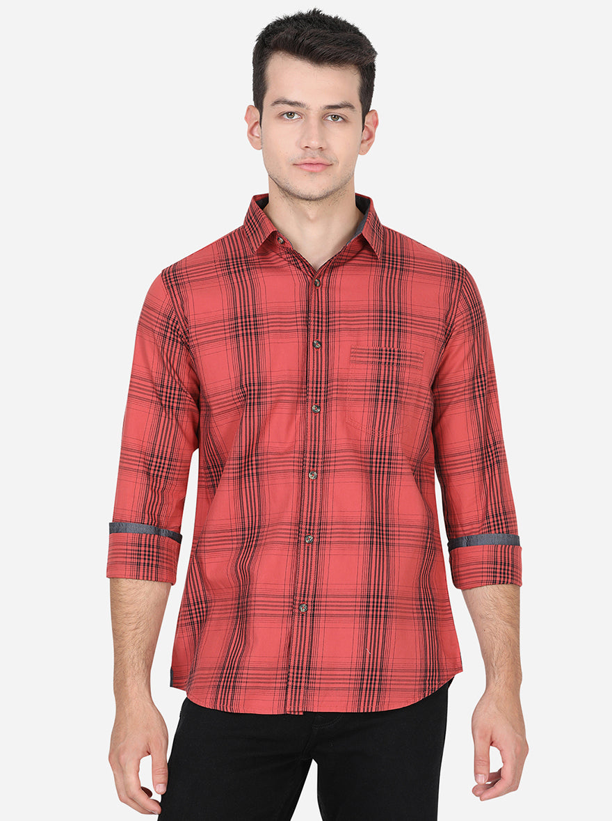 Spice Red Checked Slim Fit Semi Casual Shirt | Pehervi