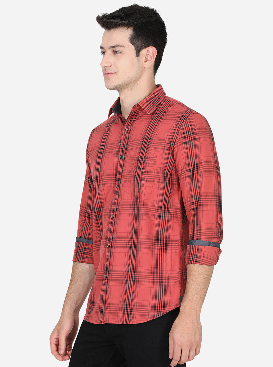 Spice Red Checked Slim Fit Semi Casual Shirt | Pehervi