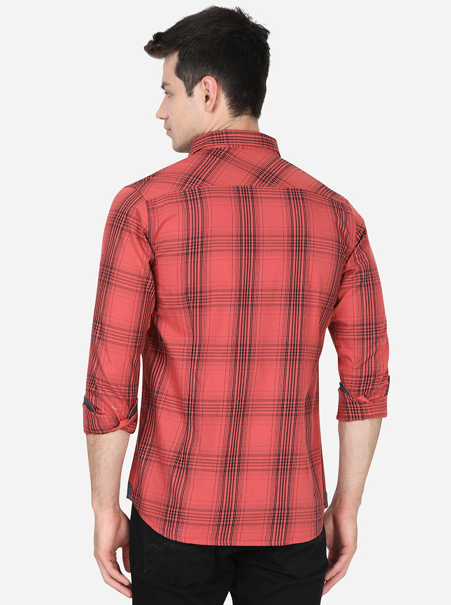 Spice Red Checked Slim Fit Semi Casual Shirt | Pehervi