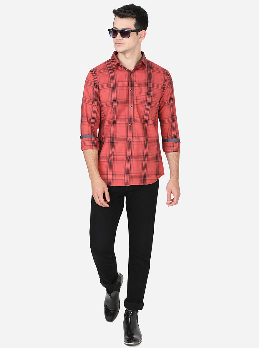 Spice Red Checked Slim Fit Semi Casual Shirt | Pehervi